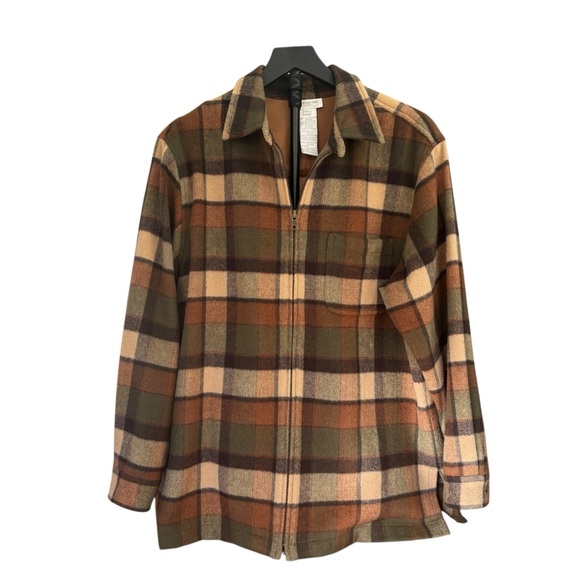 Jones Sport Brown/Green Plaid ZipUp Flannel Shacket Suede Elbow Patches Women Lg - Picture 4 of 10